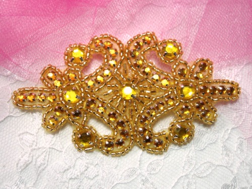 0373  Gold Jewel Beaded Applique 4"
