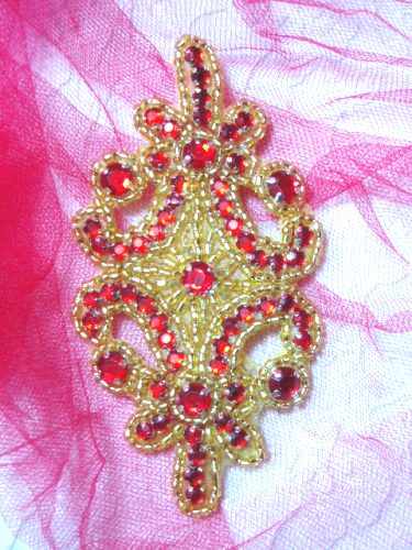 0373  Red Jewel Gold Beaded Applique 4"