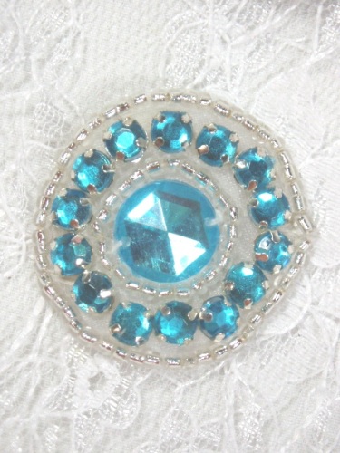 A0379 Turquoise Silver Rhinestone Round Beaded Applique 1.25"