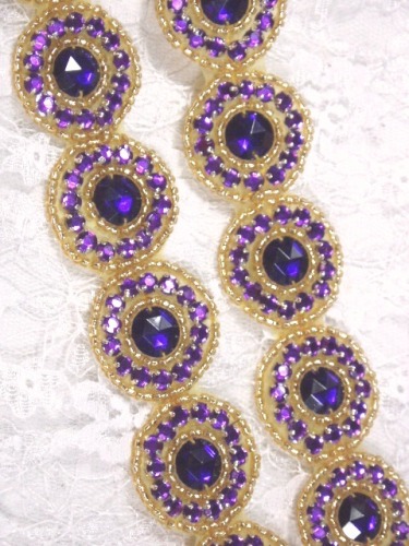 0379  Purple Gold Rhinestone Round Beaded Appliques or Trim 1.25"
