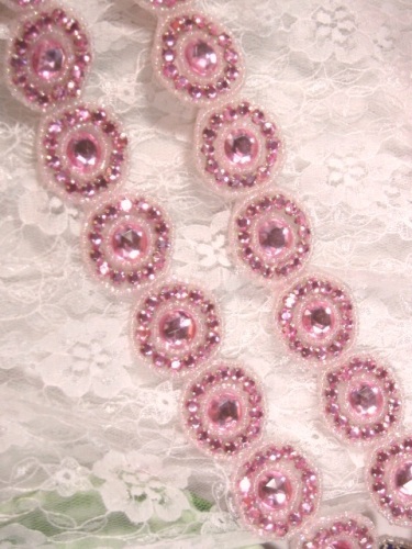0379  Pink Rhinestone Round Beaded Appliques or Trim 1.25"