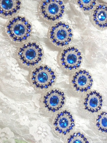 0379  Blue Silver Rhinestone Round Beaded Appliques or Trim 1.25"