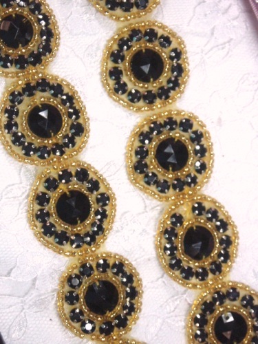 0379  Black Gold Round Beaded Appliques or Trim 1.25"
