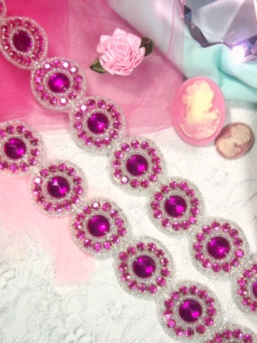 0379  Fuchsia Silver Round Rhinestone Beaded Appliques or Trim 1.25"