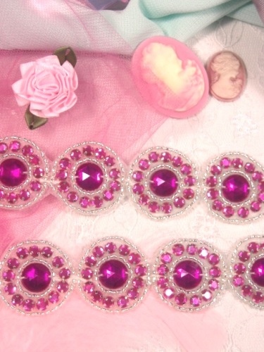 0379  Fuchsia Silver Round Rhinestone Beaded Appliques or Trim 1.25"