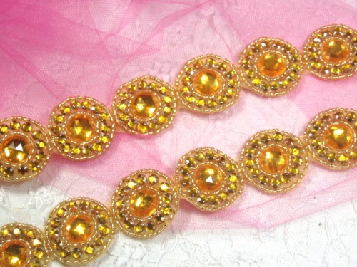 0379  Gold Rhinestone Round Beaded Appliques or Trim 1.25"
