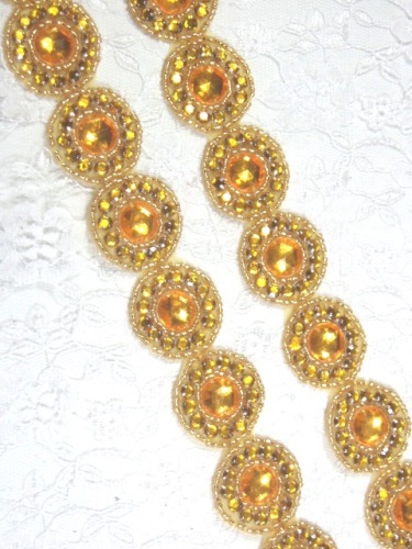 0379  Gold Rhinestone Round Beaded Appliques or Trim 1.25"