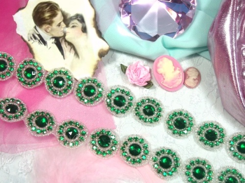 0379  Green Silver Round Beaded Appliques or Trim 1.25"