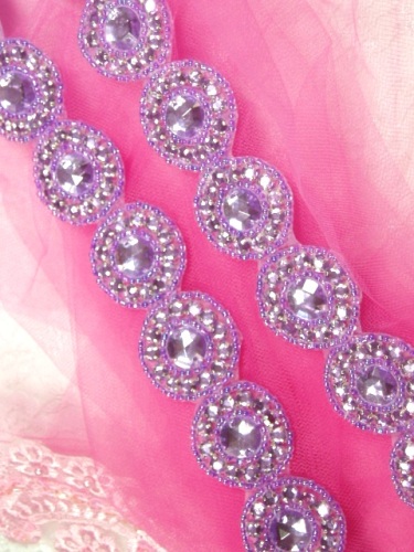 0379  Lavender Rhinestone Round Beaded Appliques or Trim 1.25"