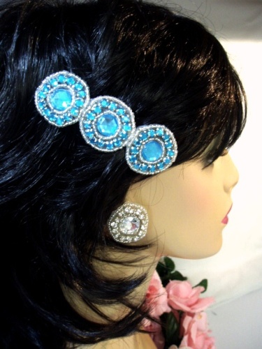 HB0379  Turquoise Jewel Silver Beaded Rhinestone Hair Bow 3.75"