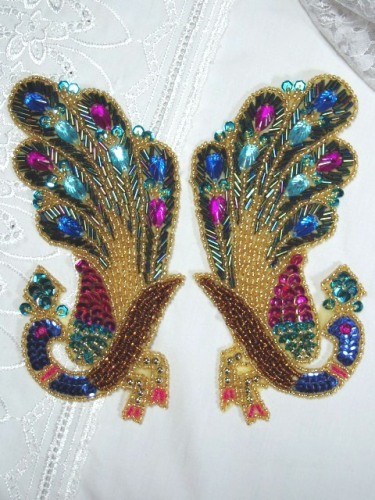 0390 Jewel Peacock Mirror Pair Sequin Beaded Appliques