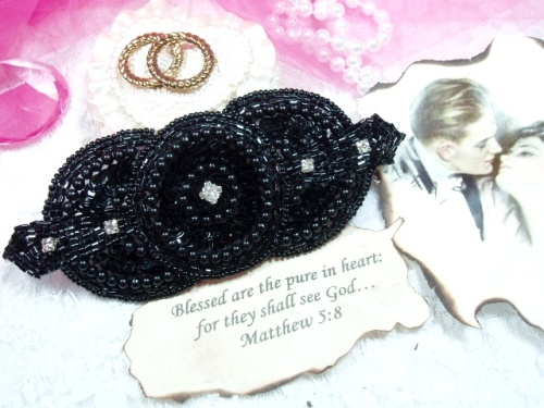 0391  Black Rhinestone Triple Circle  Sequin Beaded Applique  5.5"