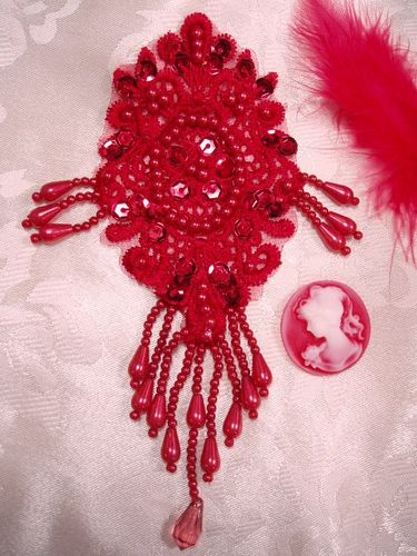 0393  Red Venise Lace Sequin Beaded Applique 6.25"