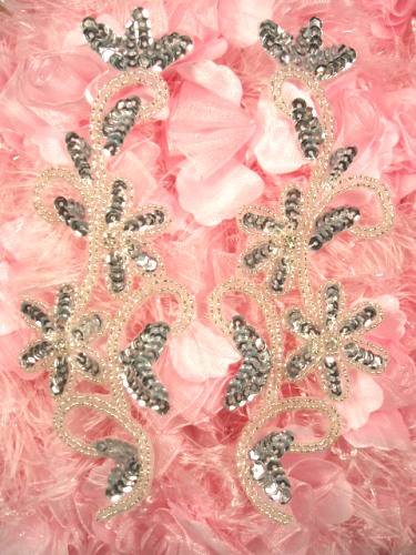 0396  Silver Beaded Sequin Appliques Mirror Pair