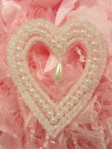 0403 White Pearl Heart Designer Beaded Applique 2.5"