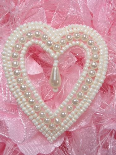 0403 Ivory Pearl Heart Designer Beaded Applique 2.5"