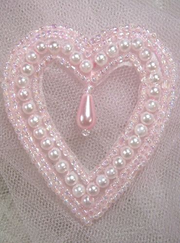 0403 Pink Pearl Heart Designer Beaded Applique 2.5"