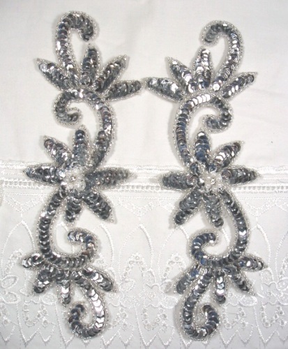 0405  Silver Floral Mirror Pair Sequin Beaded Appliques