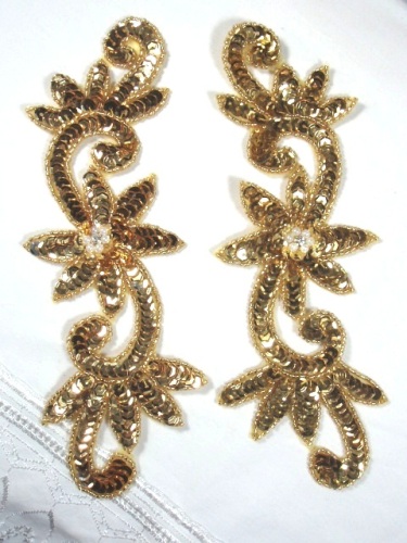 0405  Gold Floral Mirror Pair Sequin Beaded Appliques
