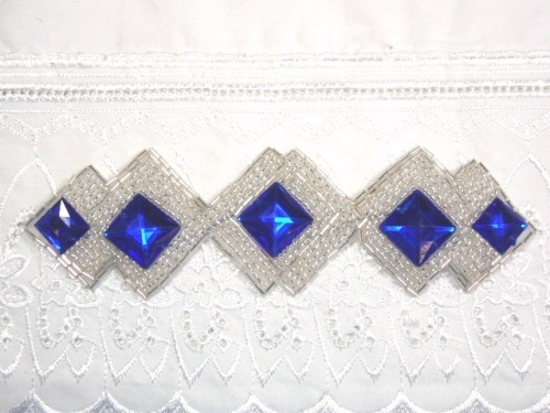 0407  Silver Beaded  Blue Diamond Jewel Applique 7"