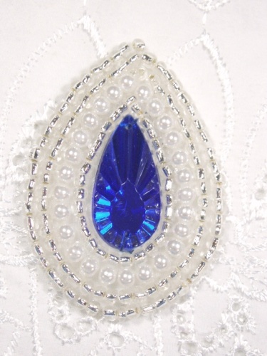 0408  Blue Silver Teardrop Jewel Beaded Applique 2.25"