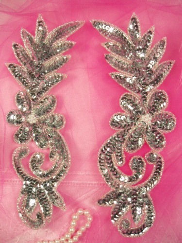 0414  Silver Floral Mirror Pair Sequin Beaded Appliques