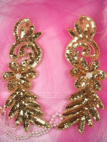 0414  Gold Floral Mirror Pair Sequin Beaded Appliques