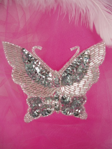 0418  Silver Butterfly Sequin Beaded Applique 4"