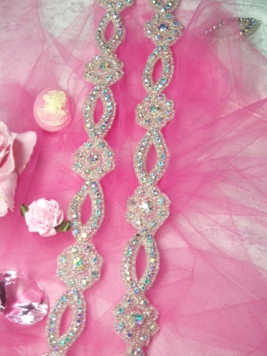 0429  Aurora Borealis Crystal AB Rhinestone Silver Beaded Floral Trim