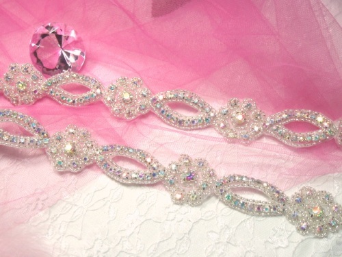 0429  Aurora Borealis Crystal AB Rhinestone Silver Beaded Floral Trim