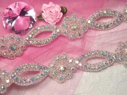 0429  Aurora Borealis Crystal AB Rhinestone Silver Beaded Floral Trim