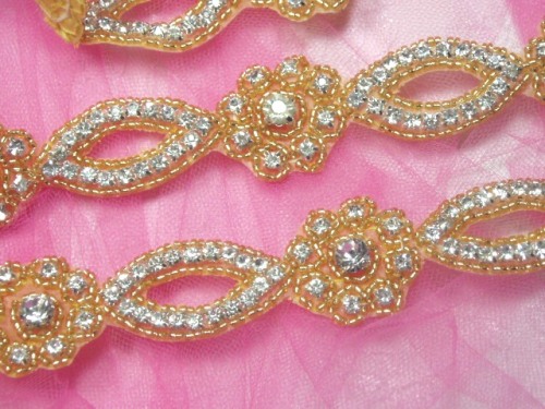 0429  Gold Beaded Clear Rhinestone Floral Trim