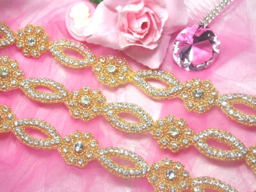 0429  Gold Beaded Clear Rhinestone Floral Trim