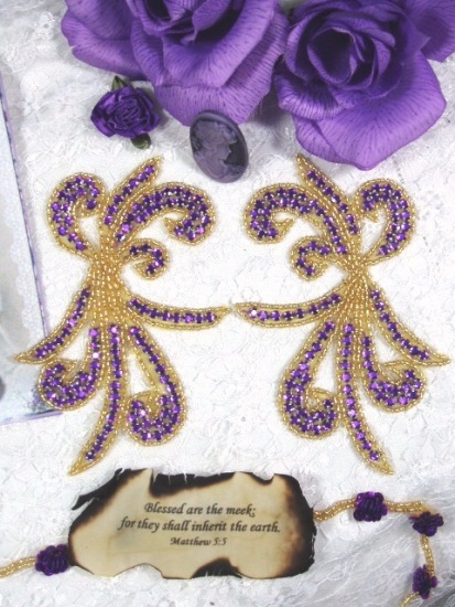 0042A Purple/Gold Rhinestone Mirror Pair Beaded Appliques