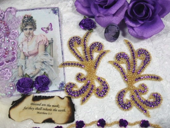 0042A Purple/Gold Rhinestone Mirror Pair Beaded Appliques