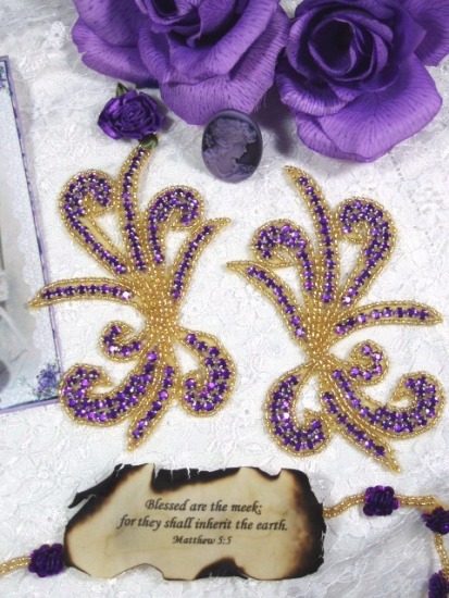 0042A Purple/Gold Rhinestone Mirror Pair Beaded Appliques