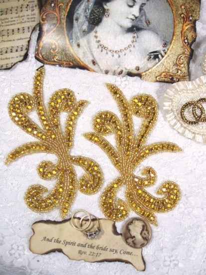 0042A Gold Rhinestone Mirror Pair Beaded Appliques