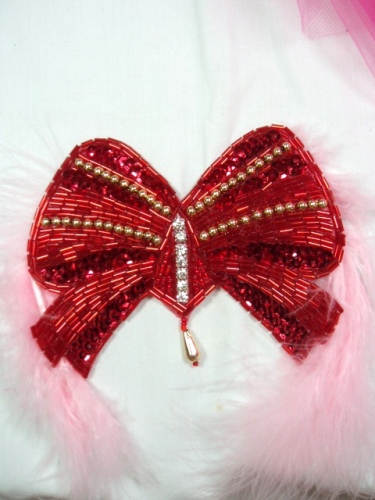 0432 Red Gold Rhinestone Bow Beaded Applique 4.75"