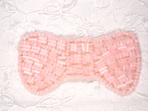 0436  Pink Small Bow Beaded Applique 2-5/8"