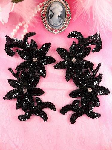 0439  Black Mirror Pair Beaded Sequin Appliques 6"