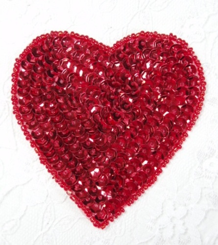 0457  Red Heart Beaded Sequin Applique 3"