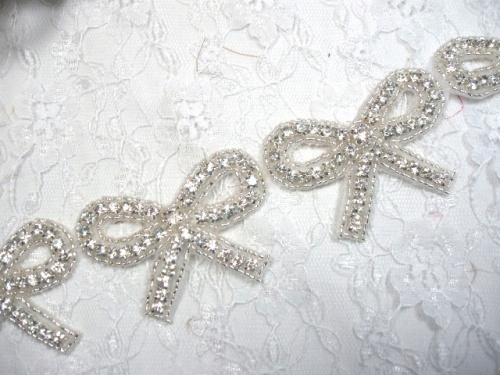 0461 Genuine Clear Rhinestone Silver Beaded Bow Appliques or Trim 1.75"