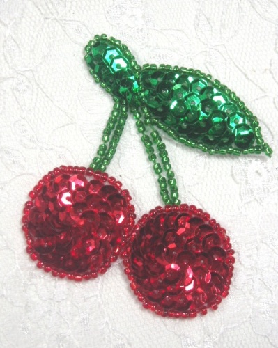 0466  Cherry Sequin Beaded Applique  3"