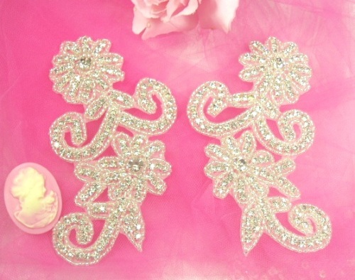 0469 Austrian Rhinestone Floral Mirror Pair Appliques  5.5"