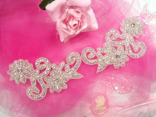 0469 Austrian Rhinestone Floral Mirror Pair Appliques  5.5"