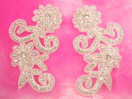 0469 Austrian Rhinestone Floral Mirror Pair Appliques  5.5"
