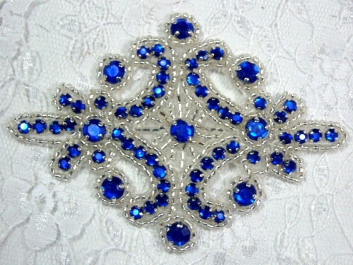 0470 Blue Silver Rhinestone Beaded Hair Bow / Brooch / Applique 4"