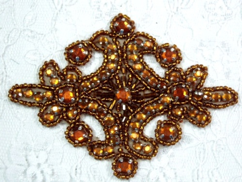 0470  Bronze Rhinestone Jewel Beaded Hair Bow / Brooch / Applique 4"