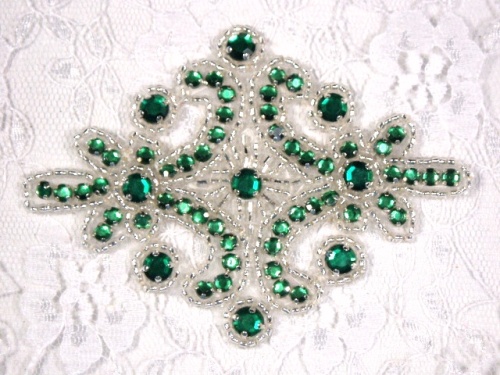 0470 Green Silver Rhinestone Beaded Hair Bow / Brooch / Applique 4"