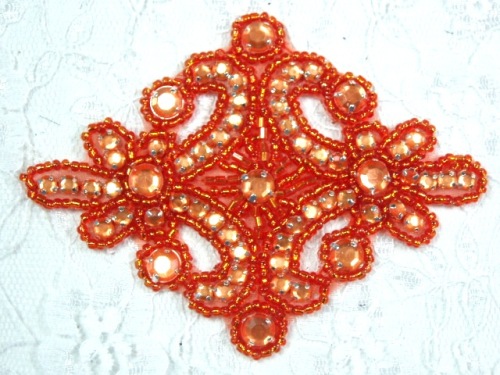 0470 Orange Rhinestone Beaded Hair Bow / Brooch / Applique 4"